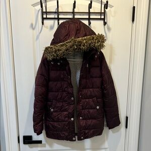 Burgundy Hooded Puffer Jacket with Faux Fur Trim